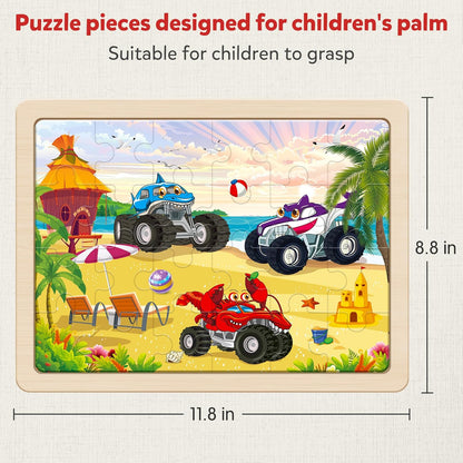 SYNARRY Large Wooden Monster Truck Puzzles for Kids Gift Box(12.2*9.4 in) - FSC Certified, 24 Piece Puzzles for Toddlers 3-5, Wood Puzzle for Kids Ages 4-6, Toys Gifts for 3 4 5 6 Year Old Boys Girls