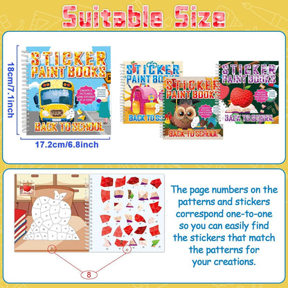 4Pcs Back to School Paint by Sticker Books Sticker by Number Books Activity Book Puzzle Book Craft Art Gift School Bus Apple Owl Alarm 32 Pictures