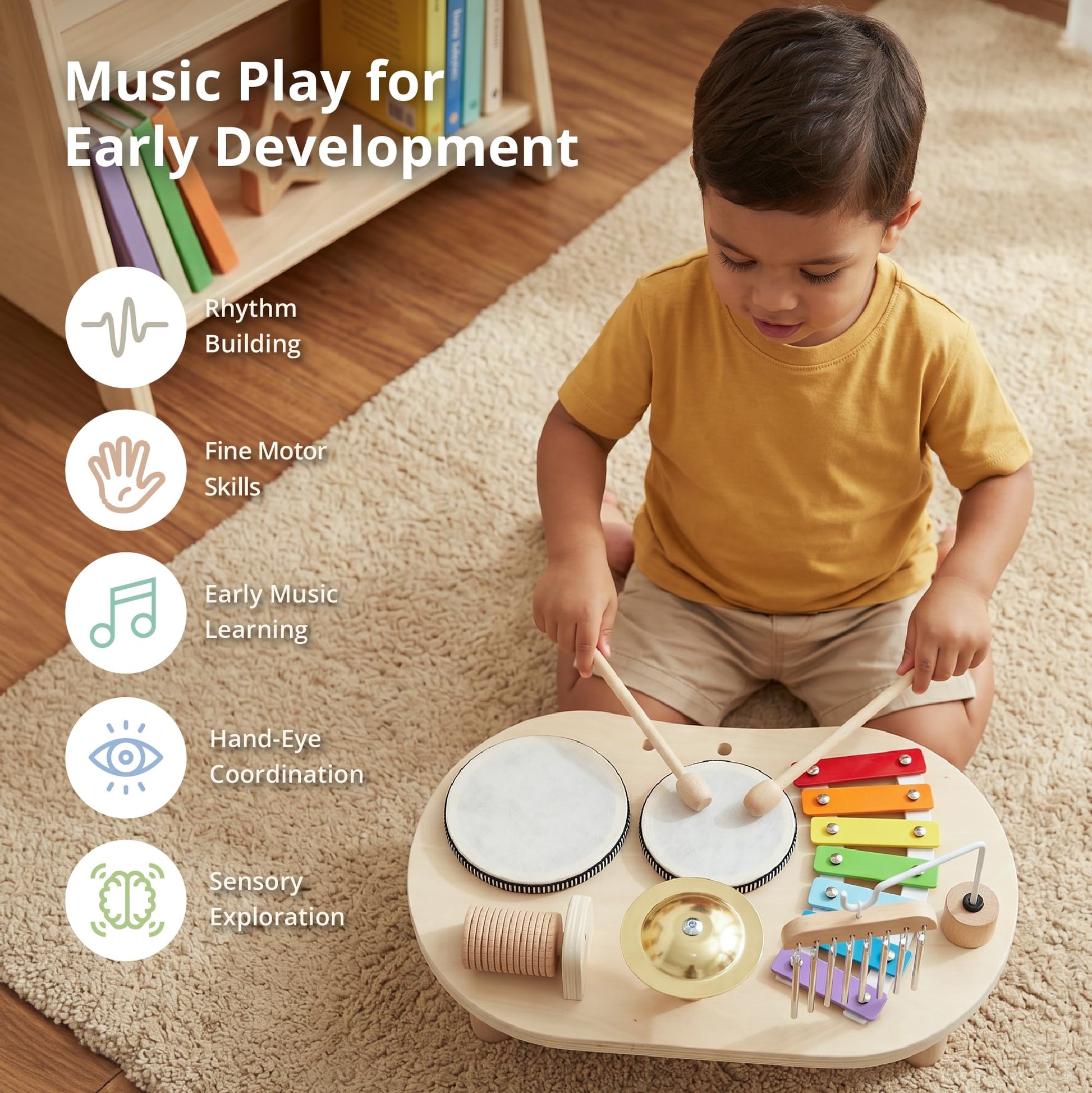 Promise Babe Wooden Drum Set for Toddlers 1-3, Musical Percussion Instruments for Kids Baby Drum