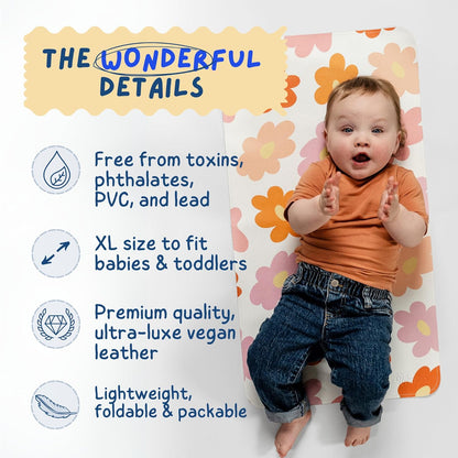 Leather Changing Mat with Reusable Waterproof Wet Bag, (16 x 30 Inches) Baby Changing Mat, Non-Toxic Changing Pad Portable Folds and Wipes Clean, Baby Changing Pad Travel (Checkered)