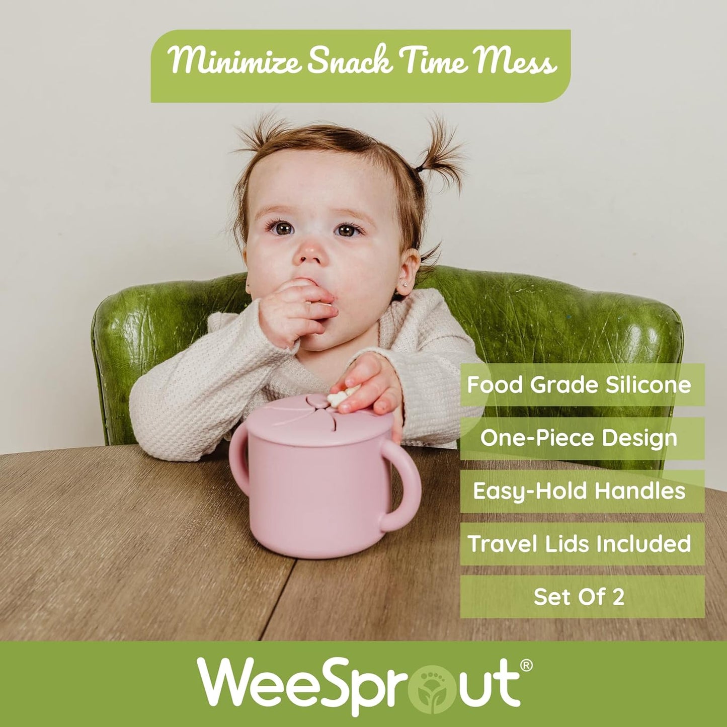 WeeSprout Snack Containers, Food Grade Silicone Snack Cups, Spill-Proof Tops For Toddlers and