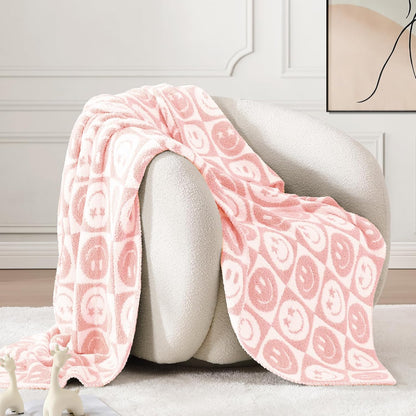 WRENSONGE Checkered Throw Blanket Blossom Smiling Face Soft Cozy Fluffy Warm Hand Made Throw