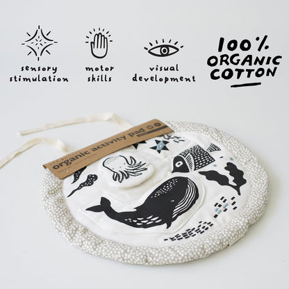 Wee Gallery Ocean Activity Pad Organic Baby Play Mat with Sensory Toys, High Contrast Newborn Essentials Soft Tummy Time Mat for Babies 0-12 Months, Visual and Motor Skill Development Toy
