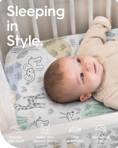 Mini Crib Sheets Boy Girl, Ultra Soft Pack N Play Sheets Fitted, Neutral Pack and Play Mattress Sheets, Premium Jersey Knit Portable Crib Sheets, Secure and Cute, Elephant & Cartoon Safari