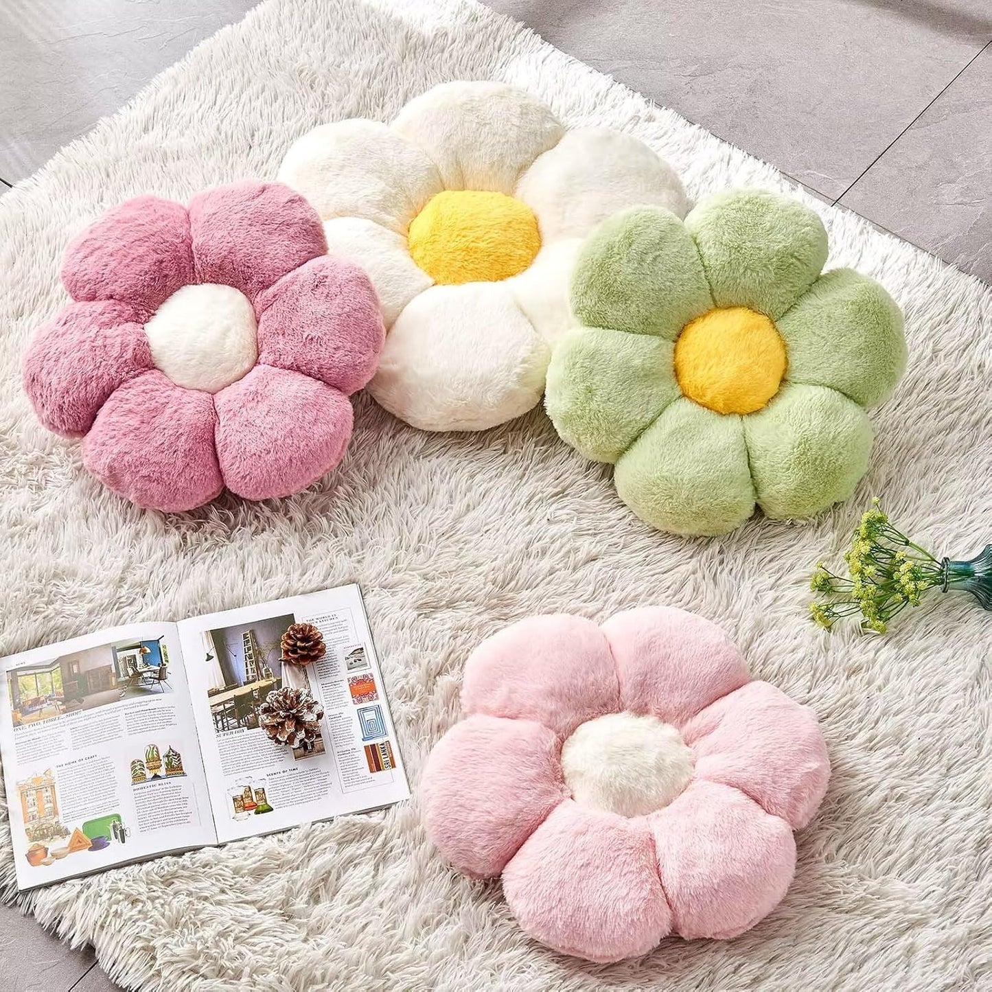 White Flower Plush Throw Pillow, Cute Decorative Flower Shaped with Faux Rabbit Fur, 14.9" Soft Throw Pillow for Bedroom Living Room