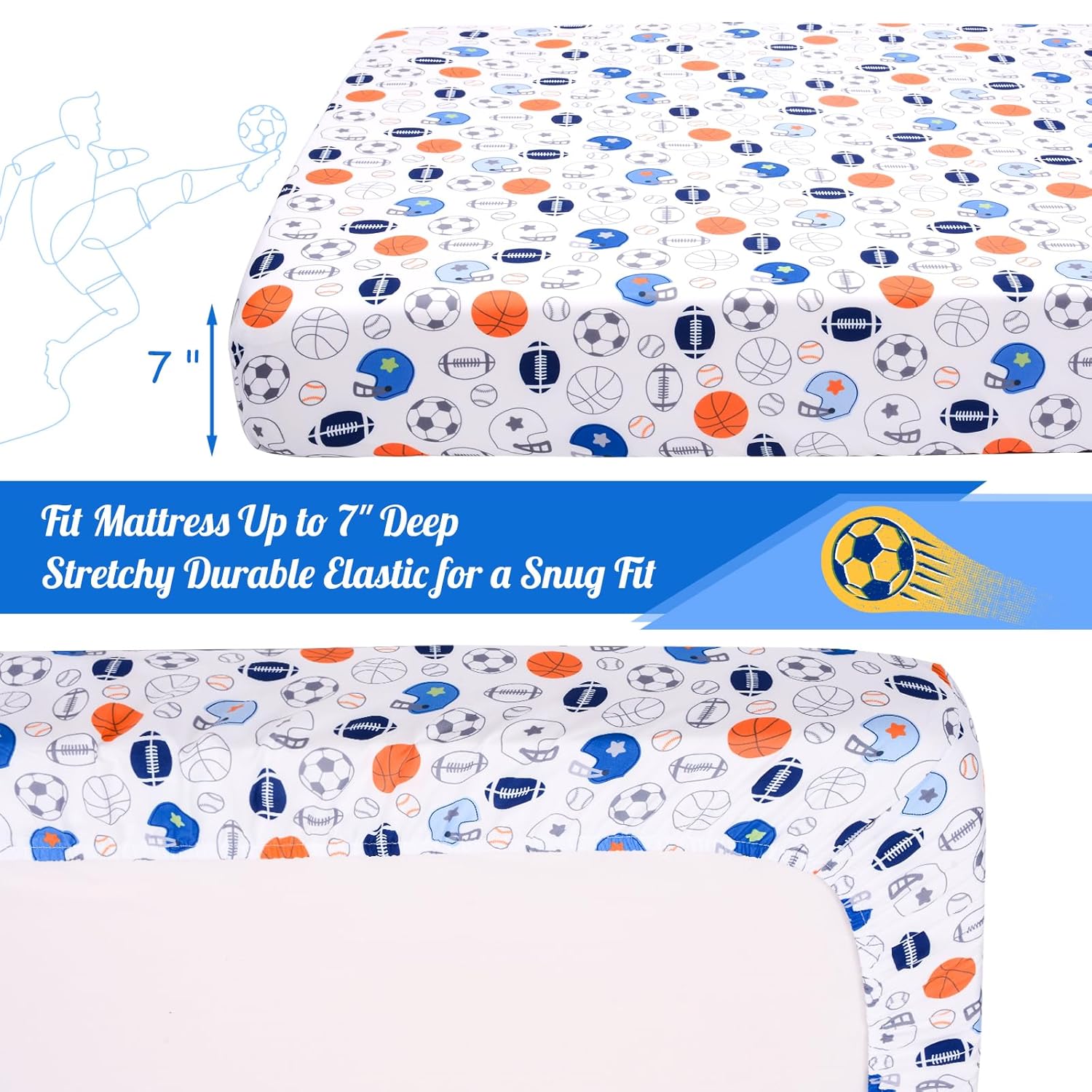 Crib Sheet - 1 Pack Sports Theme Nursery Bedding Sheet - Footballs Printed Standard Size Infant Bed