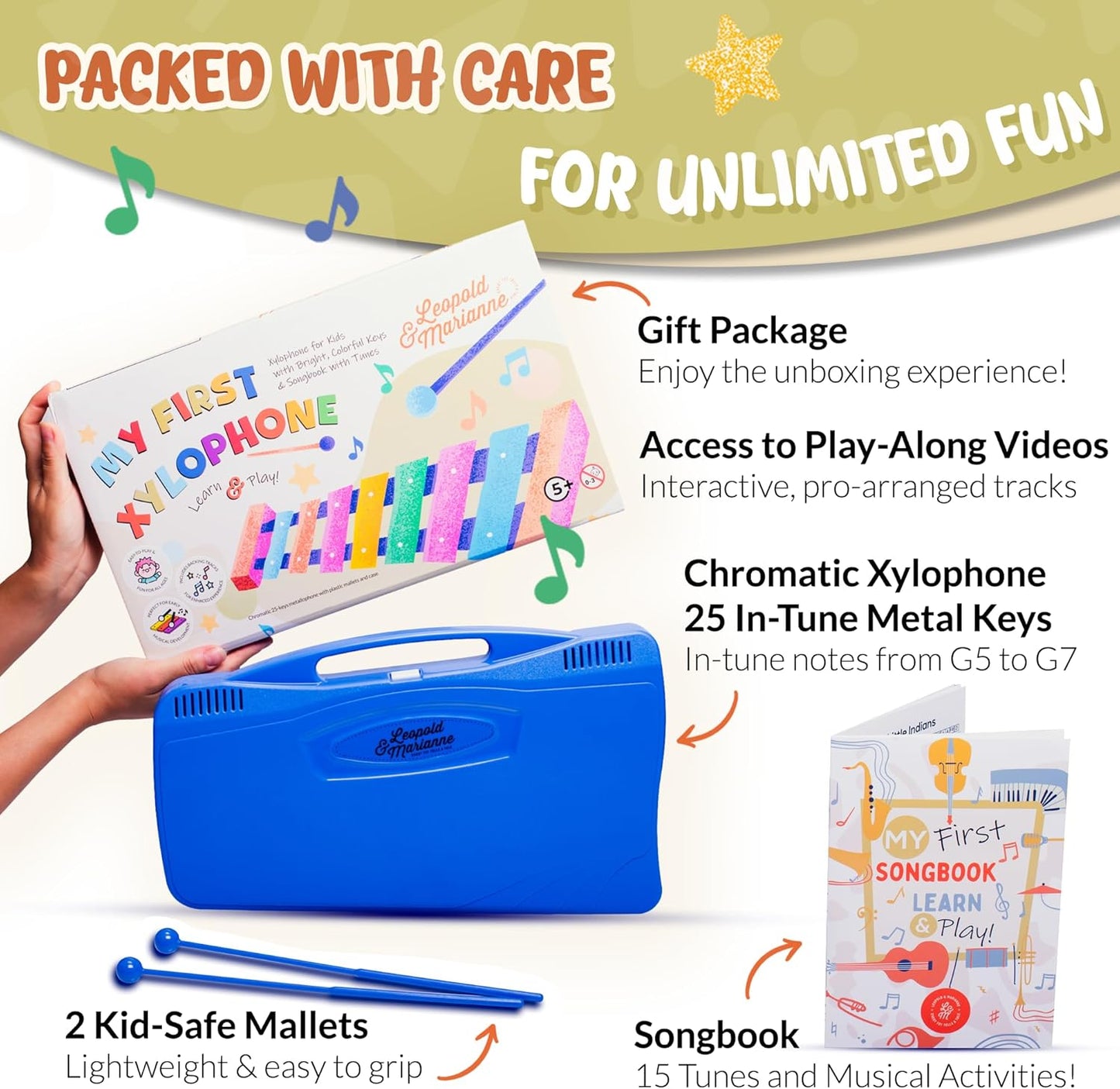 Leopold & Marianne | Xylophone for Kids Ages 5-9 | Kids Musical Instrument | Glockenspiel 25 Notes Chromatic | Color Metal Keys | Music Book Included, Play-Along Videos, Blue Carry Plastic Case