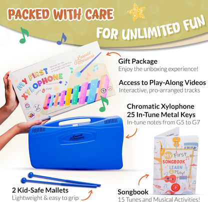 Leopold & Marianne | Xylophone for Kids Ages 5-9 | Kids Musical Instrument | Glockenspiel 25 Notes Chromatic | Color Metal Keys | Music Book Included, Play-Along Videos, Blue Carry Plastic Case