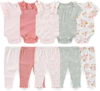 Baby Boy Girl 10 Piece Combined Type Clothing Set Cotton Baby Bodysuits and Pants Set Home Outdoor Infant Clothes