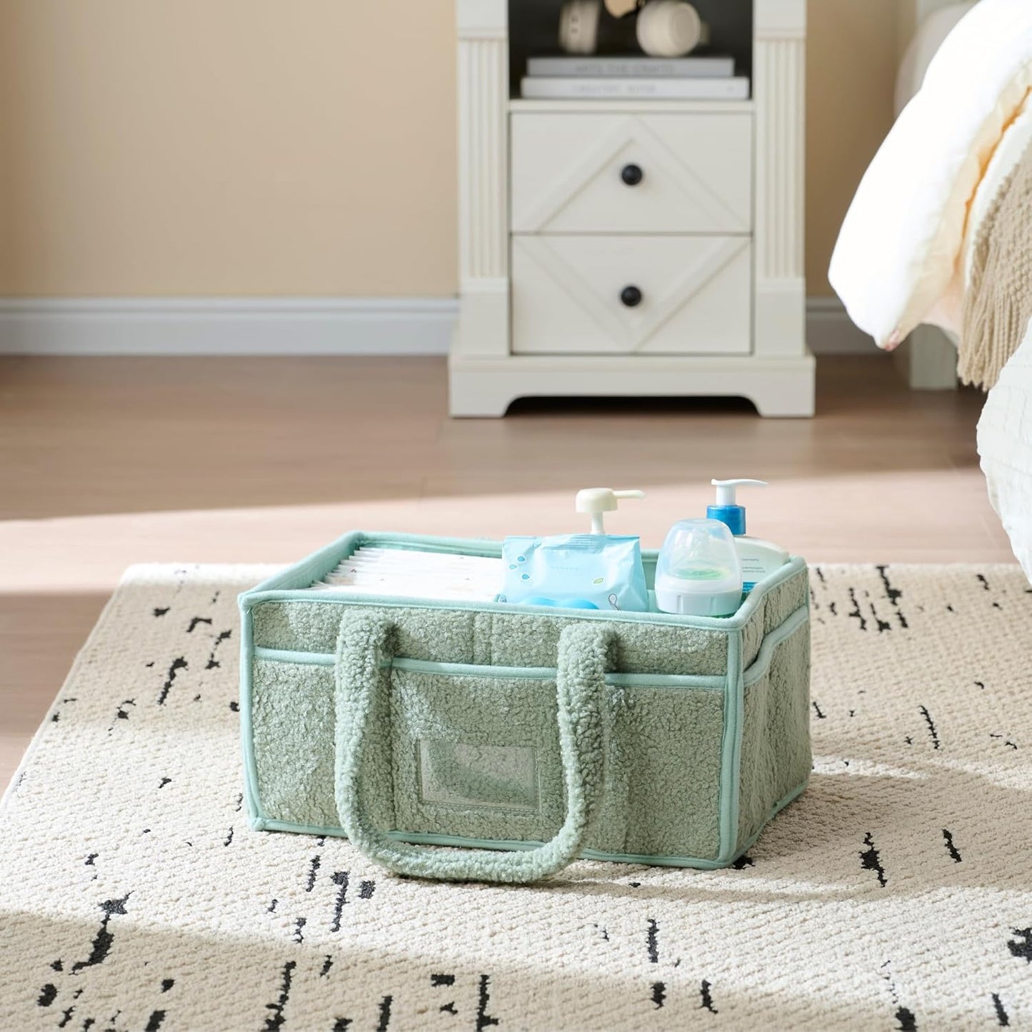 luxury little Diaper Caddy Organizer, Large Cotton Rope Nursery Baby Basket, Changing Table Organizer for Baby Diaper Storage, Portable Car Organizer with Removable Divider (Lily Green)