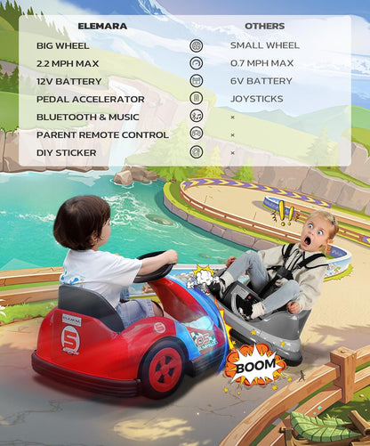 ELEMARA Bumper Cars for Kids with Big Wheels, 2.2 Mph, 12v Electric Ride On Toys with Remote Control, 360 Degree-Spin Bumper Car for Toddlers with DIY Stickers, Bluetooth, Music, LED Light, Red