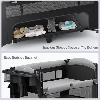 4 in 1 Baby Bassinet, Pack and Play, Bedside Crib Sleeper, Diaper Changer - Comes with Mattress, Mosquito Net，Bottom Storage and Toy Bar for Newborn to Toddles