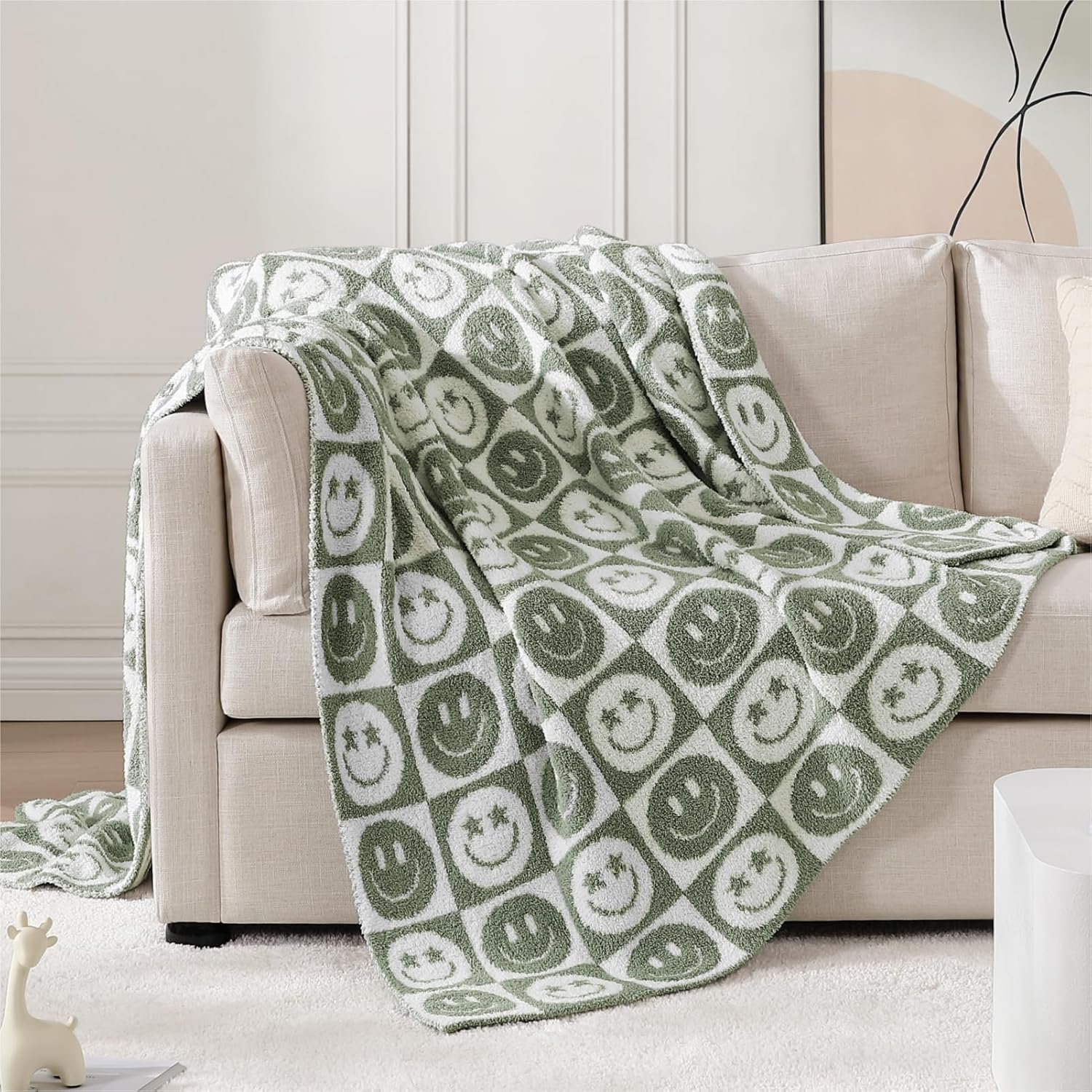 WRENSONGE Checkered Throw Blanket Seagrass Smiling Face Soft Cozy Fluffy Warm Hand Made Throw