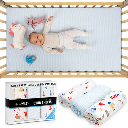 GROW WILD Nautical & Ships Baby Crib Sheets for Boys (3 Pack) - Jersey Knit Fitted Sheet (52" x 28"), Toddler Bedding Set & Baby Boy Crib Bedding Set, Anchors and Ships with Stripes