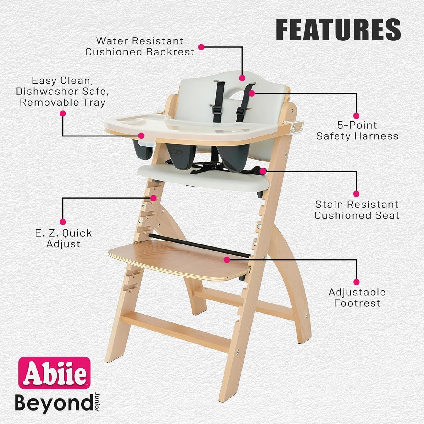 Abiie Beyond Junior Wooden High Chair with Tray - Adjustable and Convertible High Chair for Babies