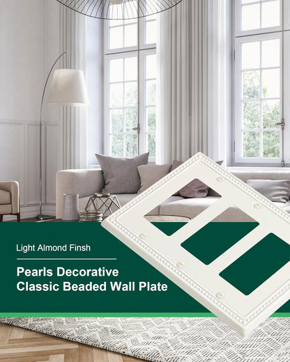 2-Pack Triple Decorator Outlet Cover Plate, Light Almond Pearls Decorative Switch Plates Covers, Metal Wall Plates for Electrical Outlets, Receptacle, GFCI Outlet, Dimmer Switch