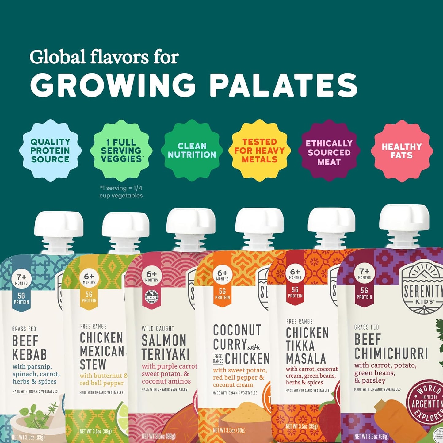 Serenity Kids 7+ Months World Explorers Baby Food Pouches - Puree With Ethically Sourced Meats &