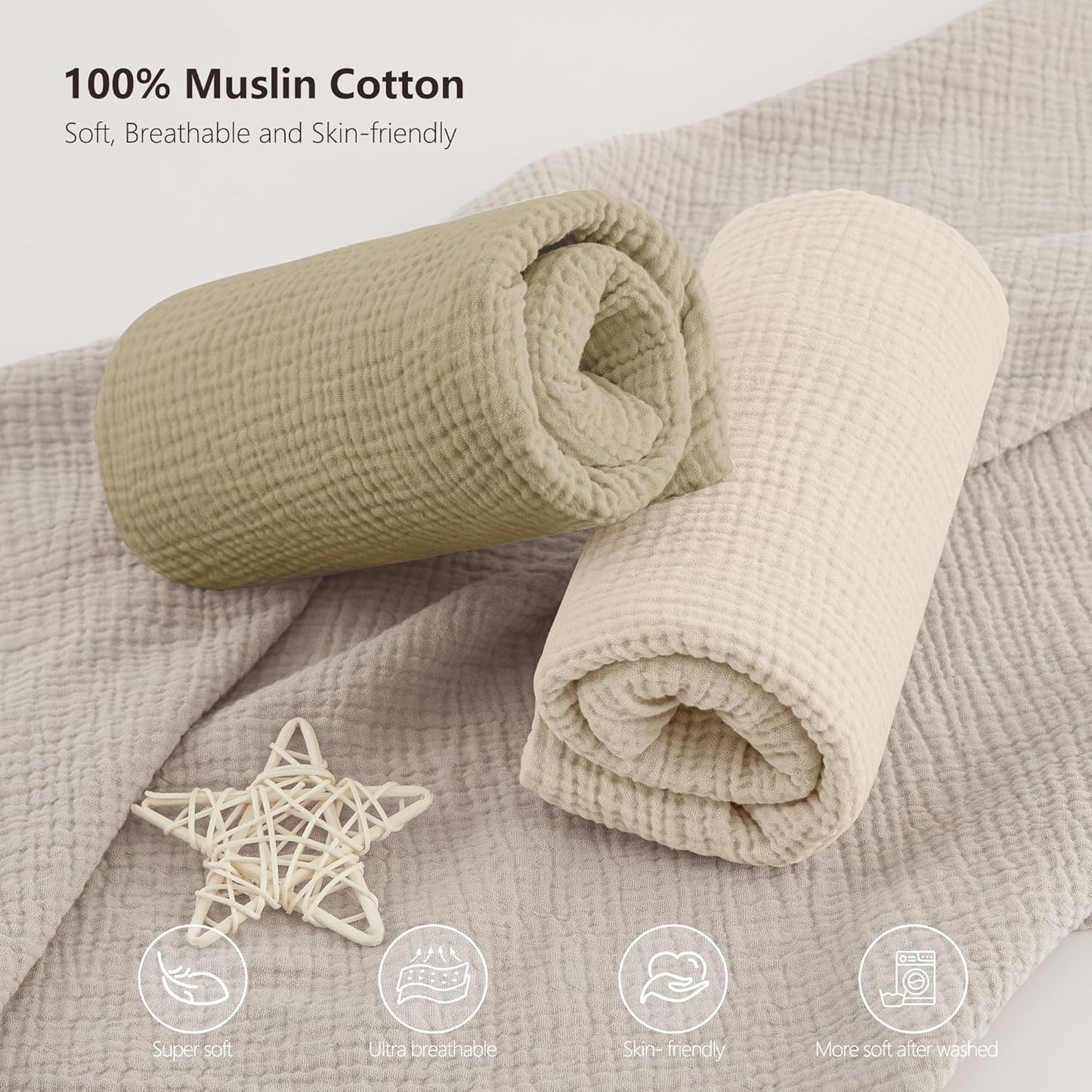 Bearmoss Muslin Crib Sheets 100% Cotton Baby Crib Sheets Fitted for Standard Crib Mattress &