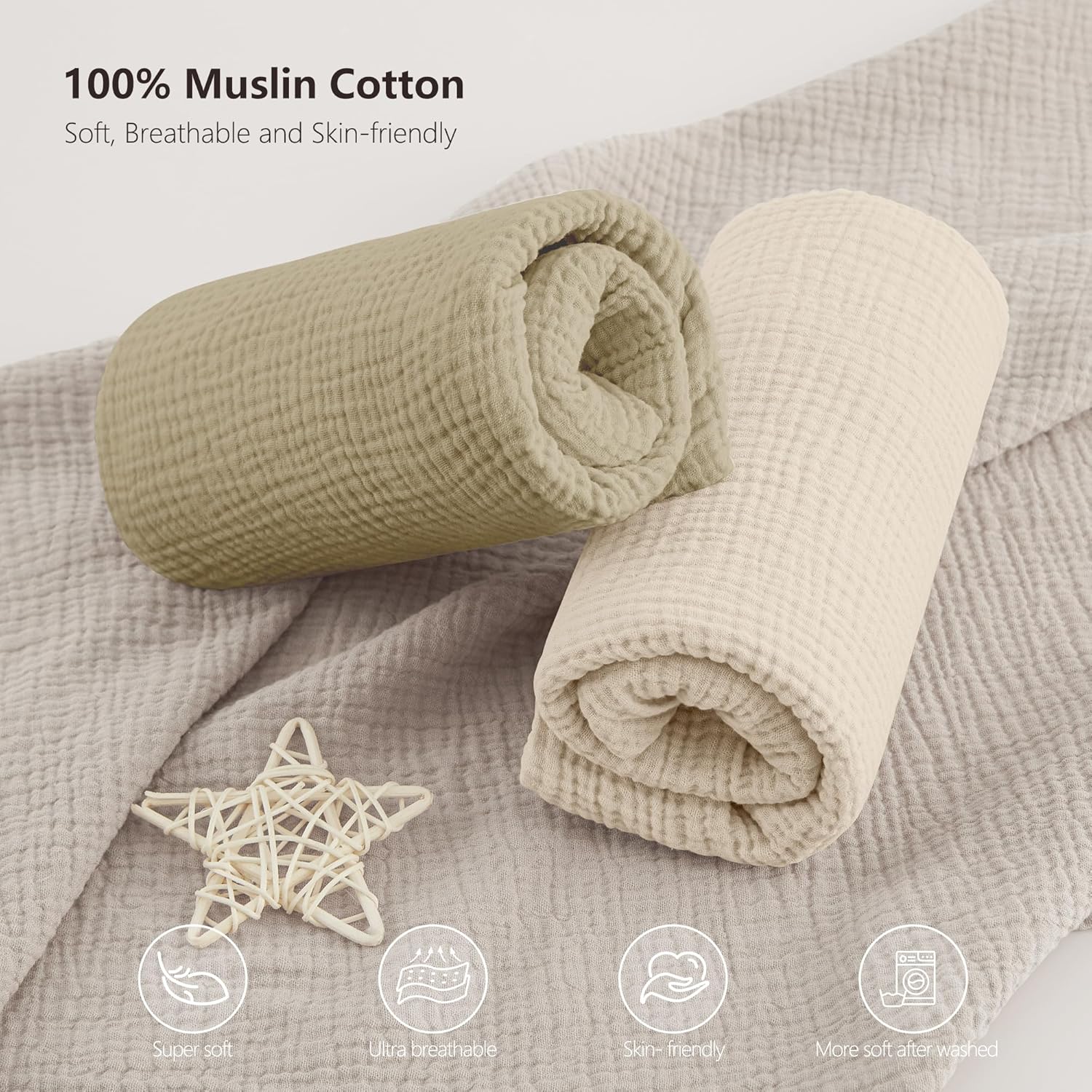 Bearmoss Muslin Crib Sheets 100% Cotton Baby Crib Sheets Fitted for Standard Crib Mattress &