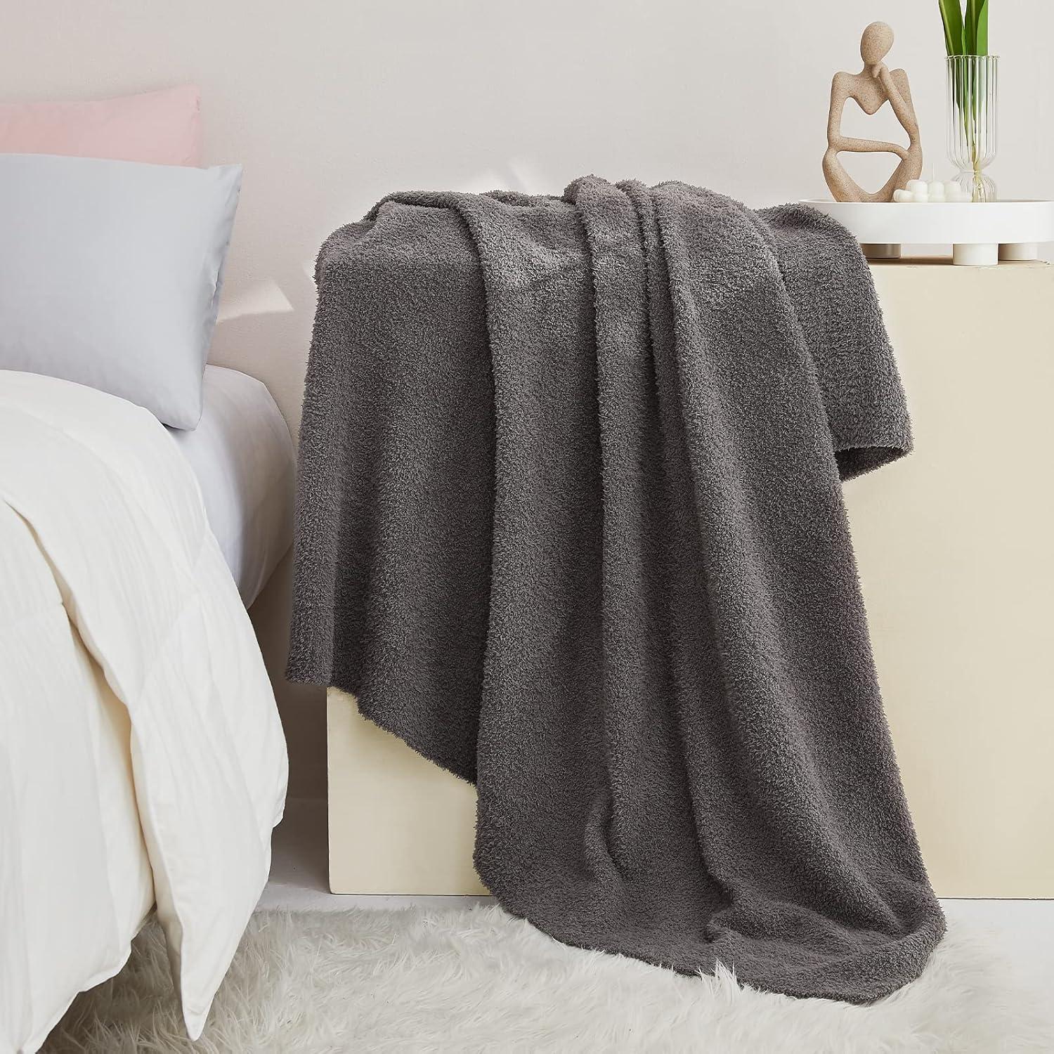 CYMULA Super Soft Knit Throw Blanket Twin Size Dark Grey-Lightweight Plush Fuzzy Fluffy Warm Cozy