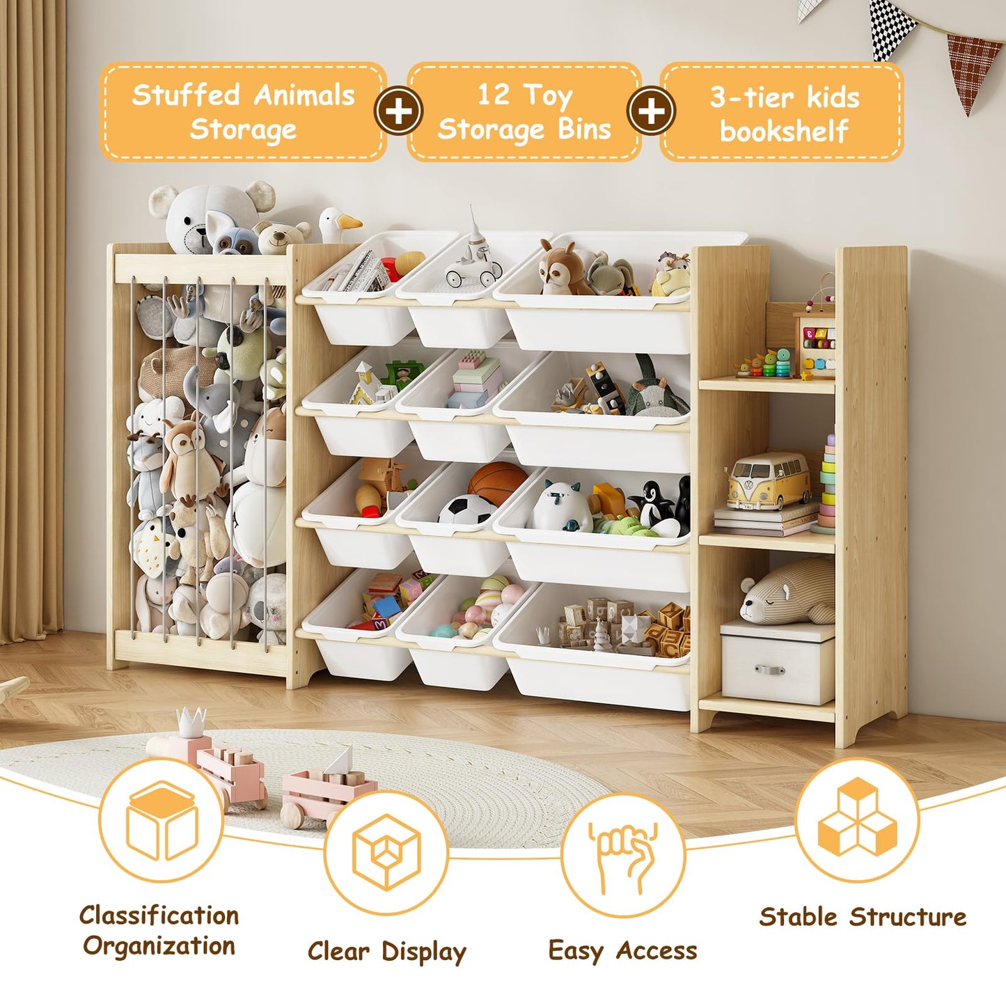 EXPERLAM 3-in-1 Toy Storage Organizer, Stuffed Animal Holder & 3-Tier Bookcase, Solid Wood Toy