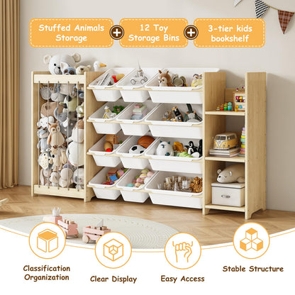 EXPERLAM 3-in-1 Toy Storage Organizer, Stuffed Animal Holder & 3-Tier Bookcase, Solid Wood Toy