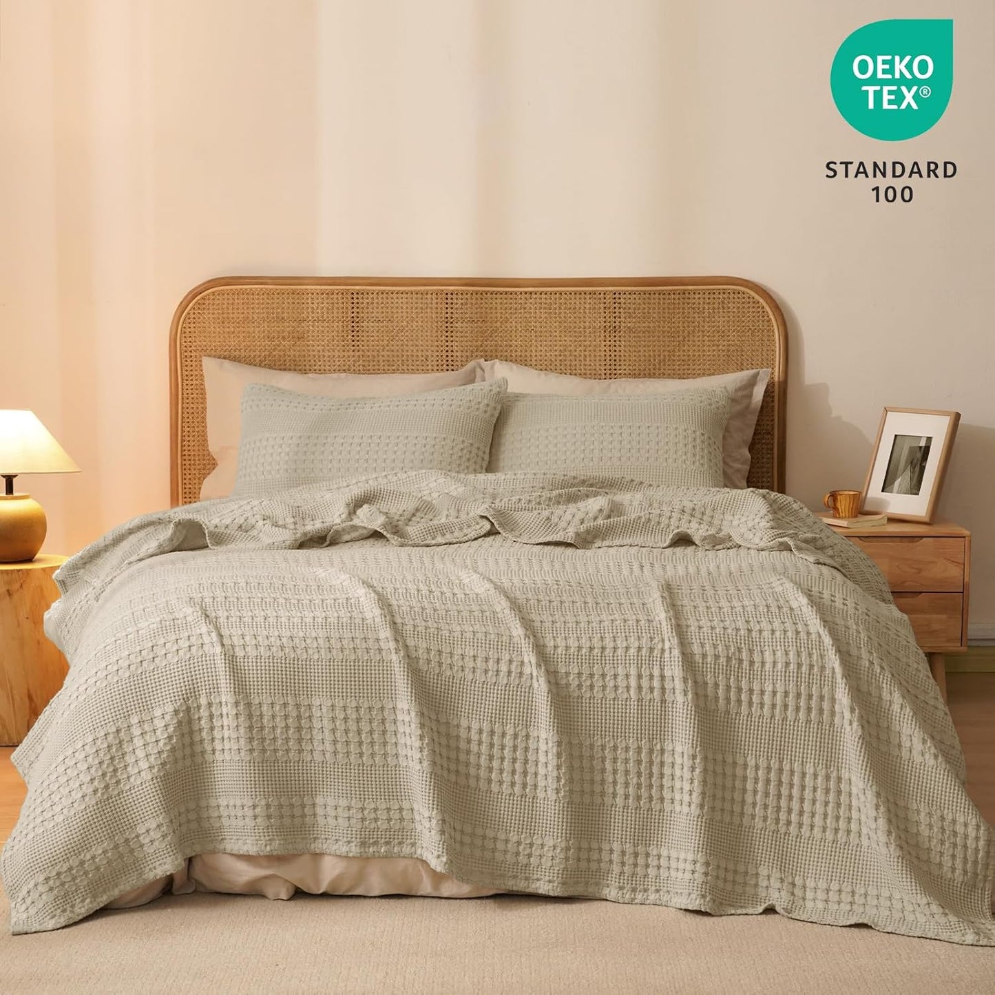 PHF 100% Cotton Waffle Weave Blanket Twin Size, Soft Lightweight Breathable Cozy Summer Blankets for Bed, Luxury Aesthetic Woven Bedding for Home Decor, 66"x90", Khaki