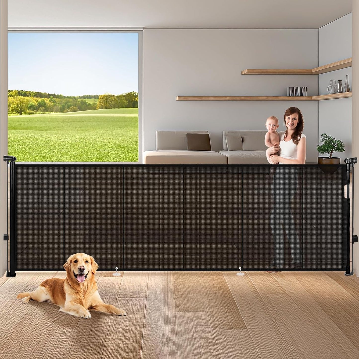 120" Extra Wide Retractable Baby Gates Mesh Gate, Long Retractable Dog Gate for Large Opening, 42" Extra Tall Child Safety Gate Pet Gate with Support Rods for Stairs Hallways Doorways Indoor Outdoor