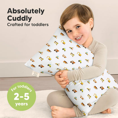 Toddler Pillow with Pillowcase - 13x18 My Little Cuddly Pillow, Viscose Derived From Bamboo Nursery Toddler Pillows for Sleeping,Kids Pillow,Small Travel Pillows,Mini Toddler Bed Pillow (Construction)