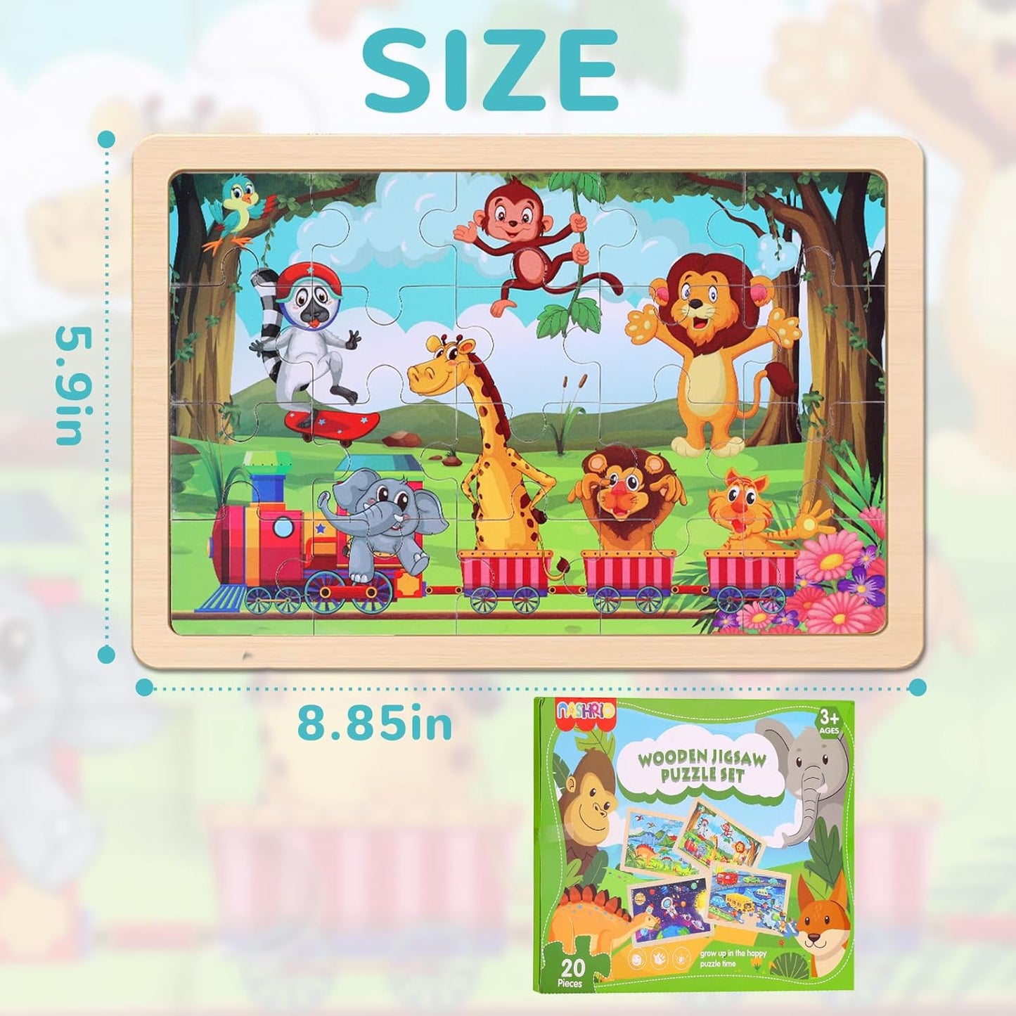 Wooden Educational Jigsaw Puzzles for Preschool Kids Ages 3-5, 4-Pack with 20 Pieces Dinosaur, Space, Transportation Wood Puzzles Set, Toddler Brain Teaser Toys, Gifts for Boys Girls Ages 3 4 5 6