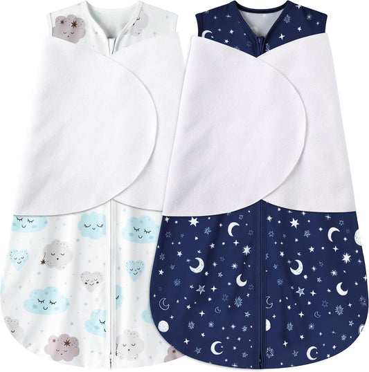 Newborn Sleep Sack Baby Swaddle,6-12 Months,3-Way Adjustable Wearable Blanket,100% Rayon Cotton Swaddling Sleeping Bag，TOG 0.5（Clouds&Starry Sky）