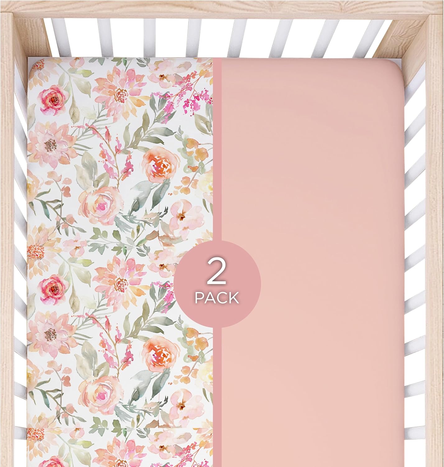 Baby Girls Crib Sheets | 2 Pack Floral & Solid Pink Ultra-Soft Bedding for Crib Mattress and
