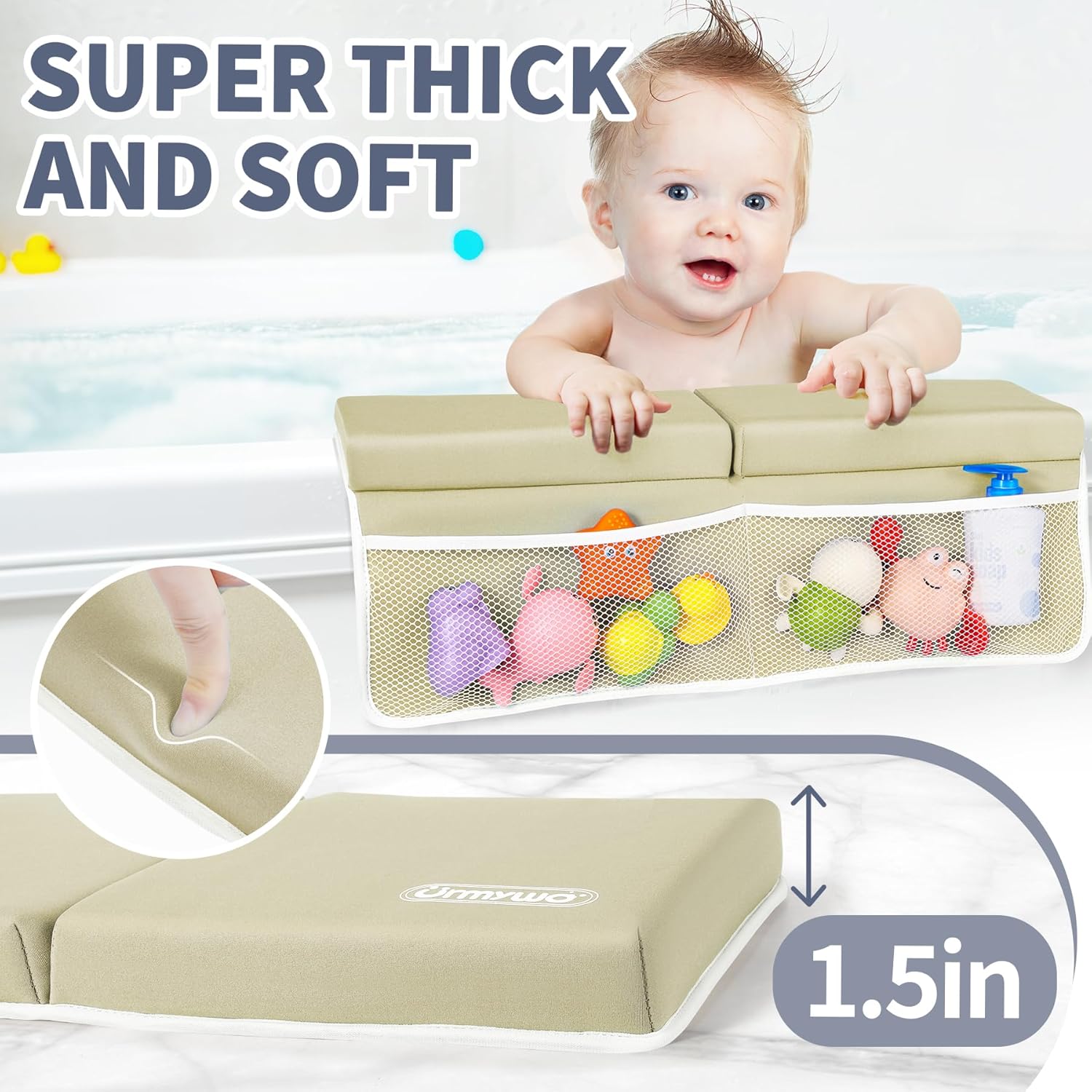 URMYWO Bath Kneeler and Elbow Rest Pad Set - 1.5" Thick Baby Bath Kneeler Pads with Toys Organizer