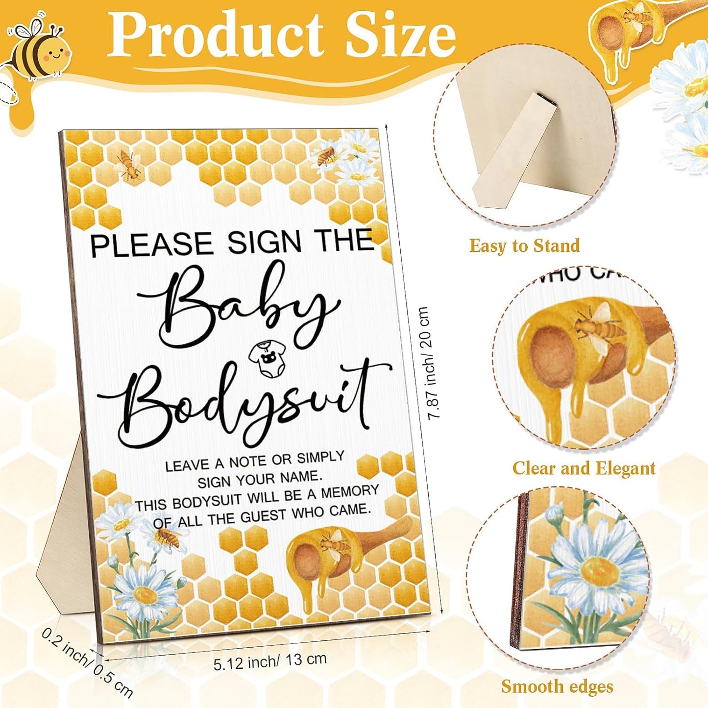 Qunclay 12 Pcs Baby Bodysuit Baby Shower Game Include 1 Game Wooden Sign Tabletop Decor 1 White Blank Newborn Bodysuit 10 Fabric Marker for Gender Reveal Party(Bee)