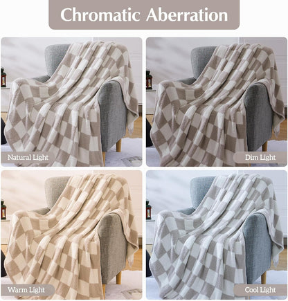 WRENSONGE Checkered Throw Blanket, Taupe Soft Cozy Fluffy Warm Hand Made Throw Blankets for Couch