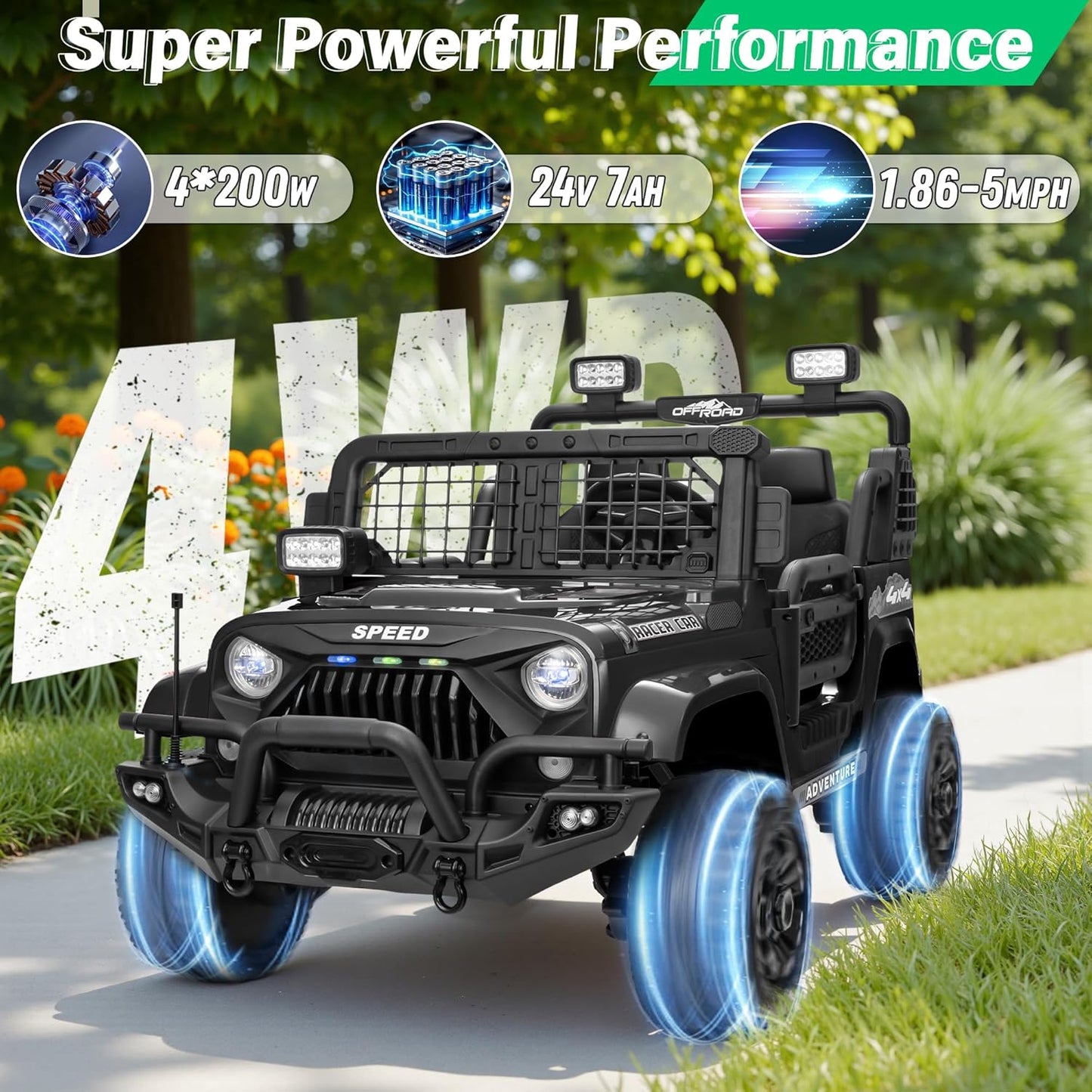 2 Seater Ride On Car Truck with Remote Control XL, Kids 24V Battery Powered Electric Vihicle w/21 in Seat, 3 Speeds, 2WD/4WD Switichable, Shock Absorbers,Bluetooth, Flower, Gift Choice