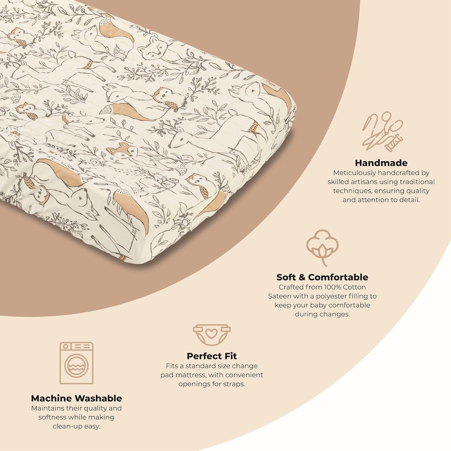 Crane Baby Woodland Quilted Changing Pad Cover, Animal Fox Print, Cotton Sateen, Secure Elastic Fit, Neutral Woodland Animal Nursery Decor for Boys and Girls, Diaper Changing Pad Cover