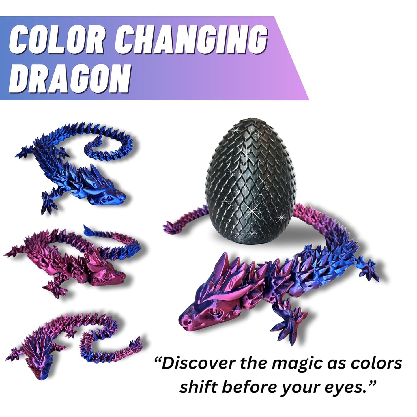 Large 20" Color-Changing Dragon (Improved Design) with Mystic Sparkle Egg, Made in USA - Articulated 3D Printed, 3D Dragon Egg (BLUE/PURPLE/RED & BLACK EGG)…