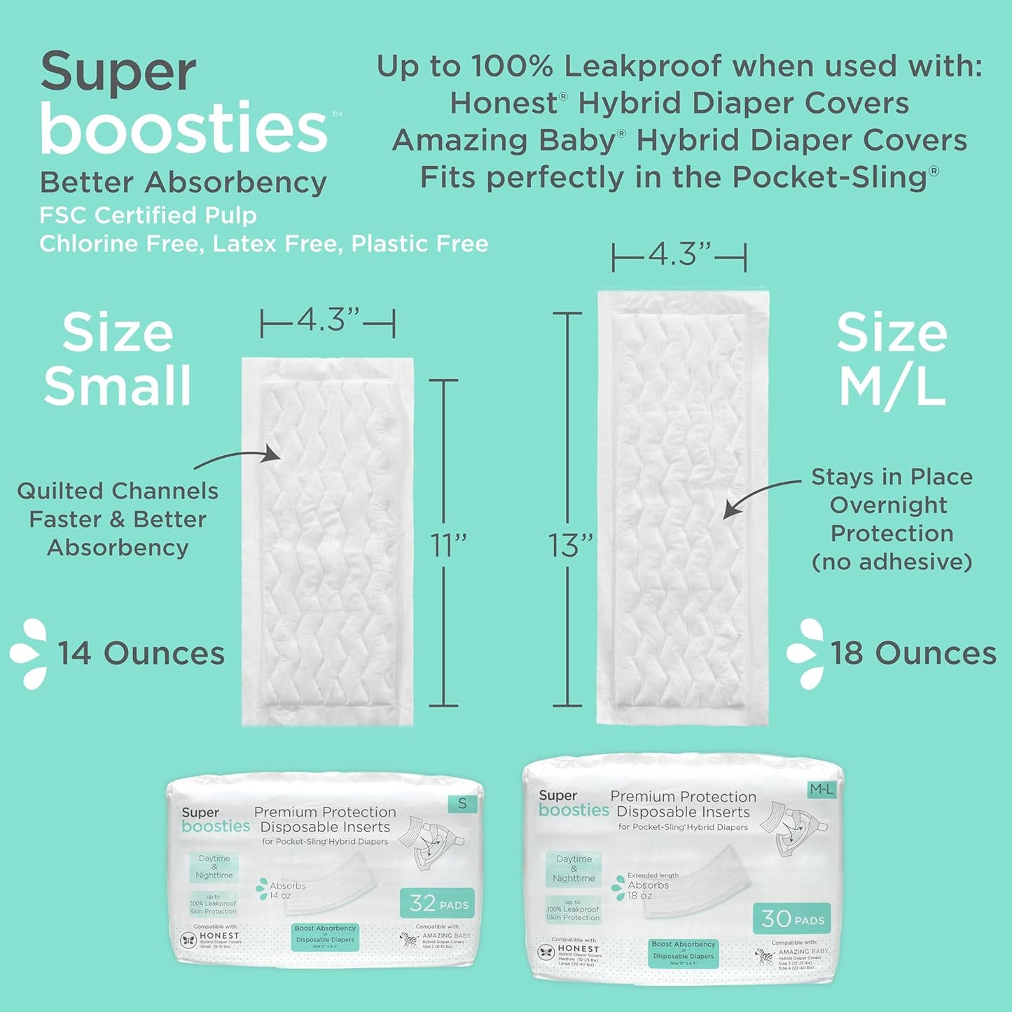 Super Boosties 96ct + Honest Hybrid Cloth Diaper Cover with Pocket-Sling, Small (8-15 lbs), Stops Nighttime Leaks, Boosties Disposable Diaper Inserts, Honest Cotton Muslin Covers, 3 Pack