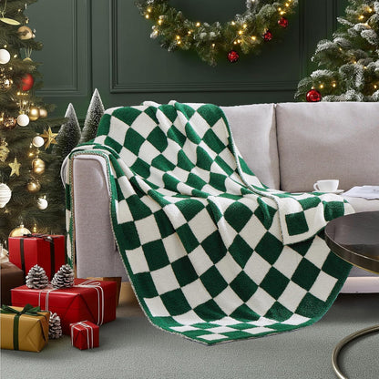 WRENSONGE Checkered Throw Blanket, Avocado Green Soft Cozy Fluffy Warm Hand Made Throw Blankets for