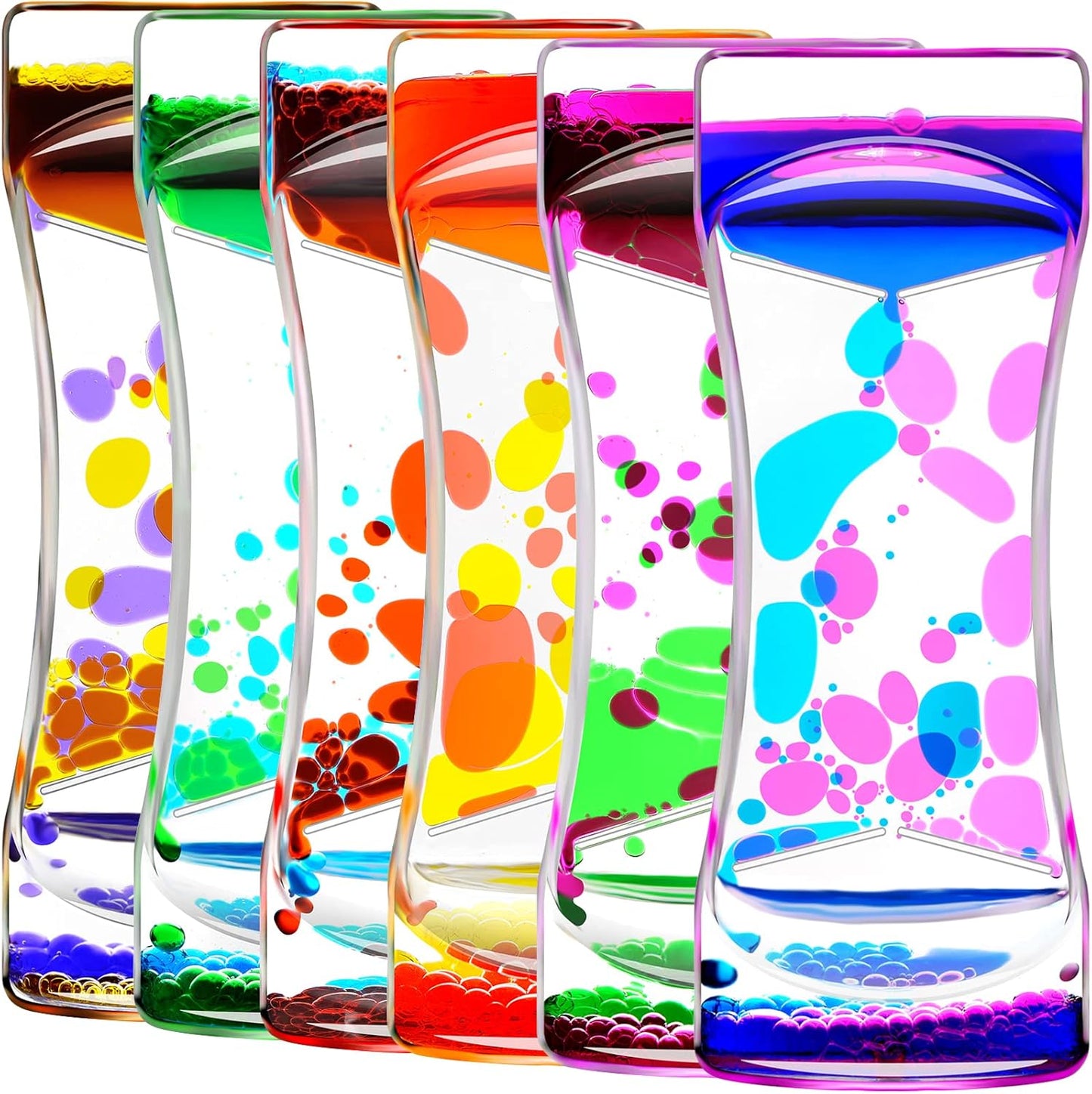 Liquid Motion Bubbler Set of 6 Different Rainbow Colors for Sensory Toys, Fidget Timers Liquid Toy for Home Office, Oil Drop Water Hourglass Desk Toys with Gift Box
