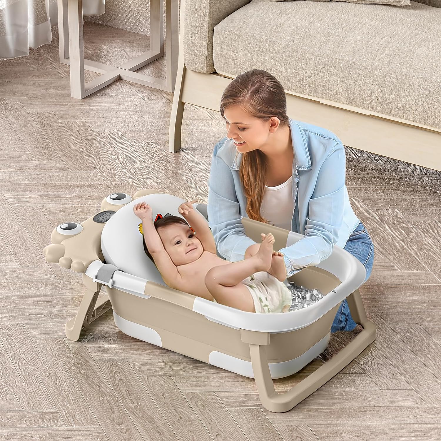 Collapsible Baby Bathtub for Infants to Toddler with Real-time Temp Monitor+Floating