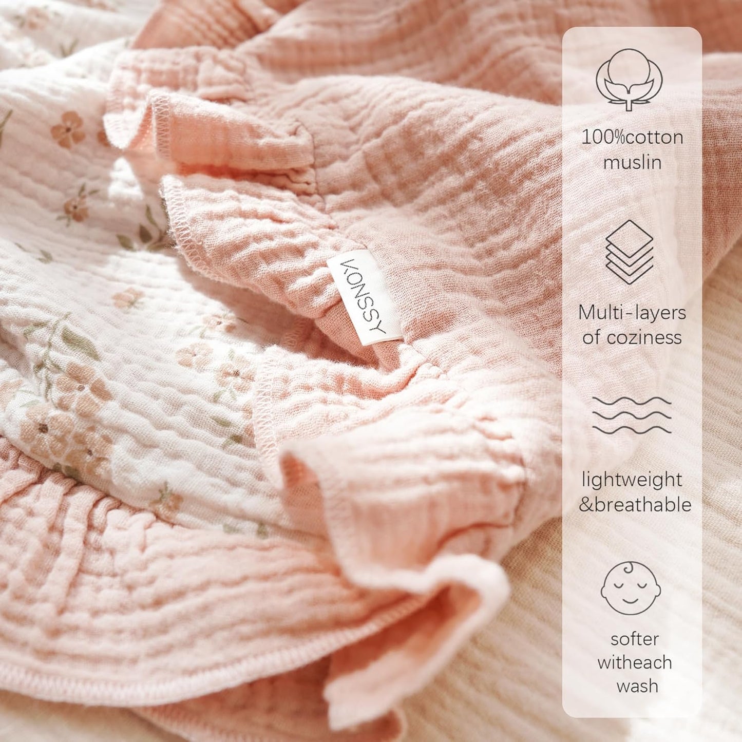 Konssy Flounce Muslin Baby Blankets, Cotton Crib Blanket for Baby Infant Toddler, Super Soft and
