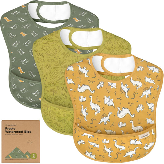3-Pack Waterproof Baby Bibs for Eating - Lightweight Toddler Feeding Bibs with Large Food Catcher, Mess Proof, Food-Grade Baby Eating Essentials, Easy to Put On & Clean (Mesozoic)
