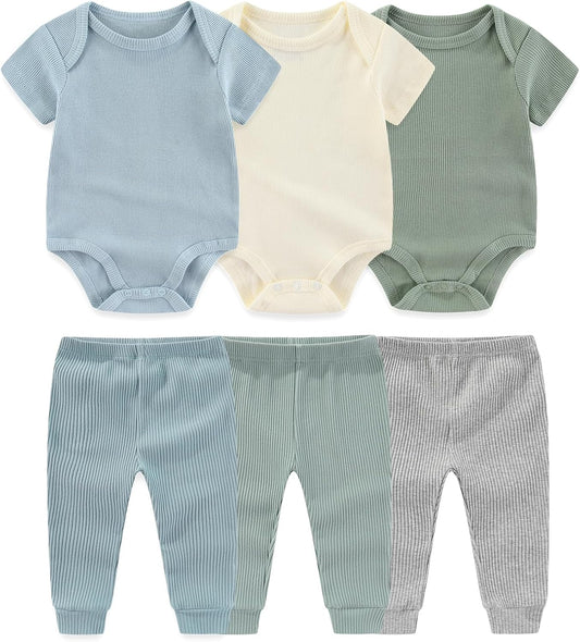 Baby Bodysuit and Pant Set 6-pcs Ribbed Soft Infant Boy Girl Clothes Outfits