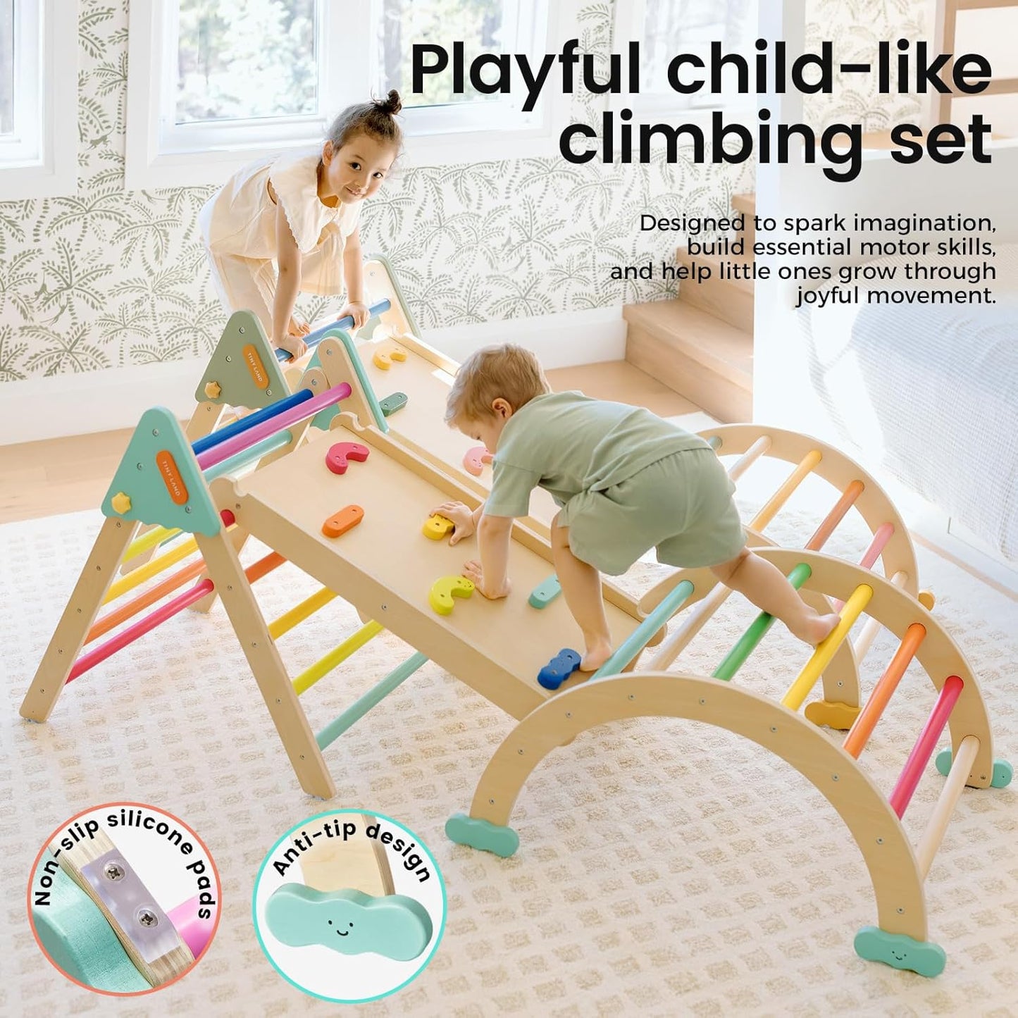 Tiny Land Pikler Triangle Set,7-in-1 Foldable Montessori Toddler Climbing Toys Indoor, Wooden Playground Jungle Gym for Kids, Climber Gift for Boys & Girls Toddler Climbing Toys (Rainbow)
