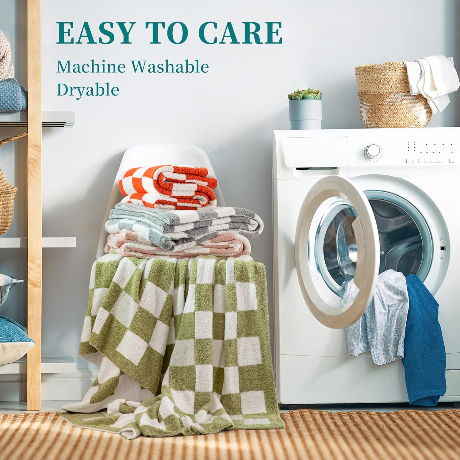 SeaRoomy CheckeredThrow Blanket, Soft Fluffy Microfiber Knit Throw Blanket for Couch Bed, Warm Cozy