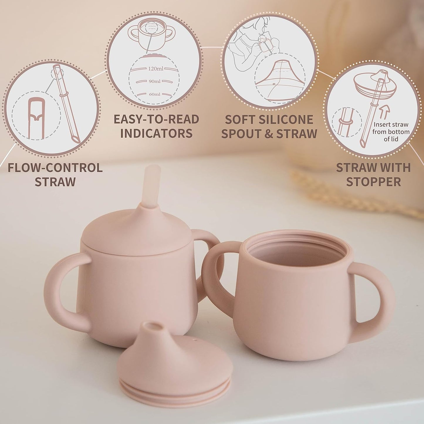 Moonkie Silicone Baby Sippy Cups | 3 Stages Training Cup Straw Cup for Infants Toddlers and Kid | 4 oz 2Pack