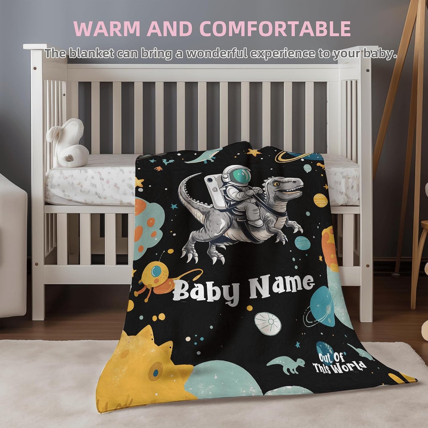 Cute Astronaut Riding Dinosaur Space Baby Blanket, Personalized Custom Baby Throw Blanket with Name for Boys Newborn Son Daughter Grandson Granddaughter Toddler Birthday Bed Blanket