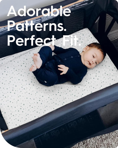 Pack and Play Sheets Fitted, TotBasic Buttery Soft Portable Crib Sheets, Compatible with Graco Pack n Play Playard Crib & Other 27 x 39 Inch Playpen Mattress, 2 Pack Playard Sheets(Grey Stars & Moon)